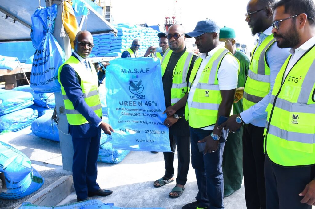 Équipe du Groupe Mbamba Tall inspectant des sacs d’engrais lors d’une opération de distribution agricole